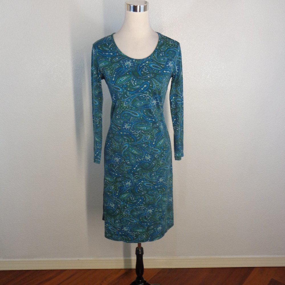 Lands' End XS Dress 3/4 Sleeve Green Blue Paisley A Line, Mint!